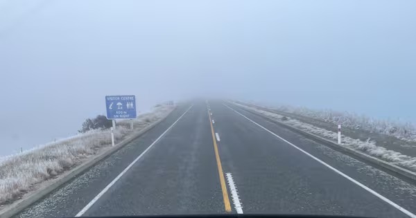 NZTA traffic camera imagery showed fog and ice on State Highway 8 in the Mackenzie Basin.